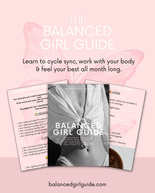 Promotional graphic for 'The Balanced Girl Guide' showing three printed guide pages fanned out on a soft pink background with a large pink heart behind them. The center page is the main product cover, with the title 'The Balanced Girl Guide' in white text.